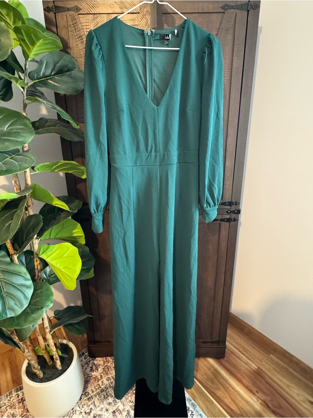 Lulu's Deep Green Long-Sleeve V-Neck Jumpsuit